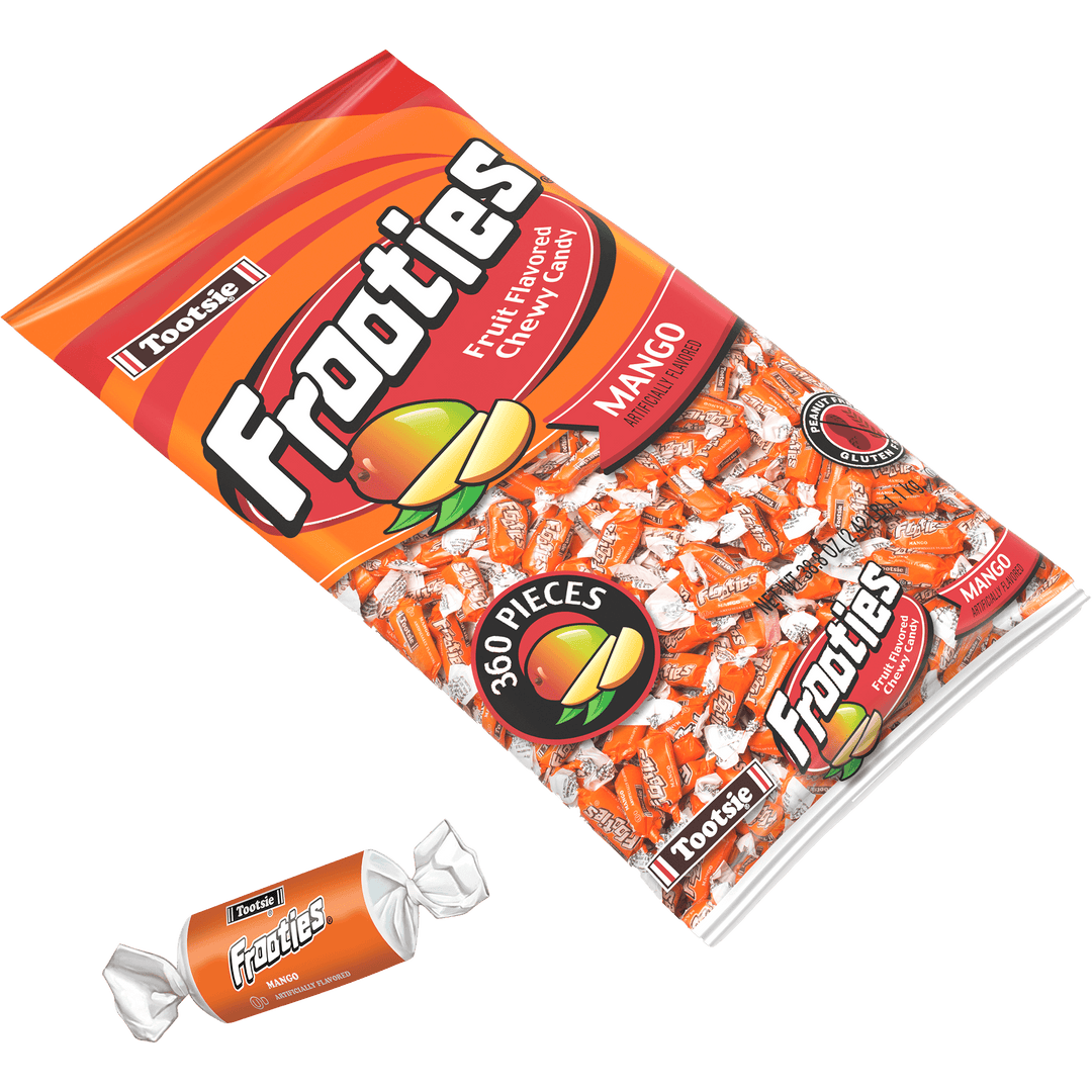 Frooties Mango Chewy Candy (360 ct. Bag) with candy next to it