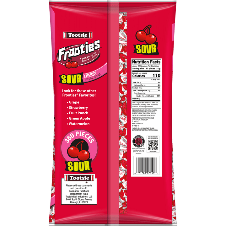 Frooties Sour Cherry Chewy Candy (38.8 oz. / 360 ct. Bag) Nutrition Facts Panel