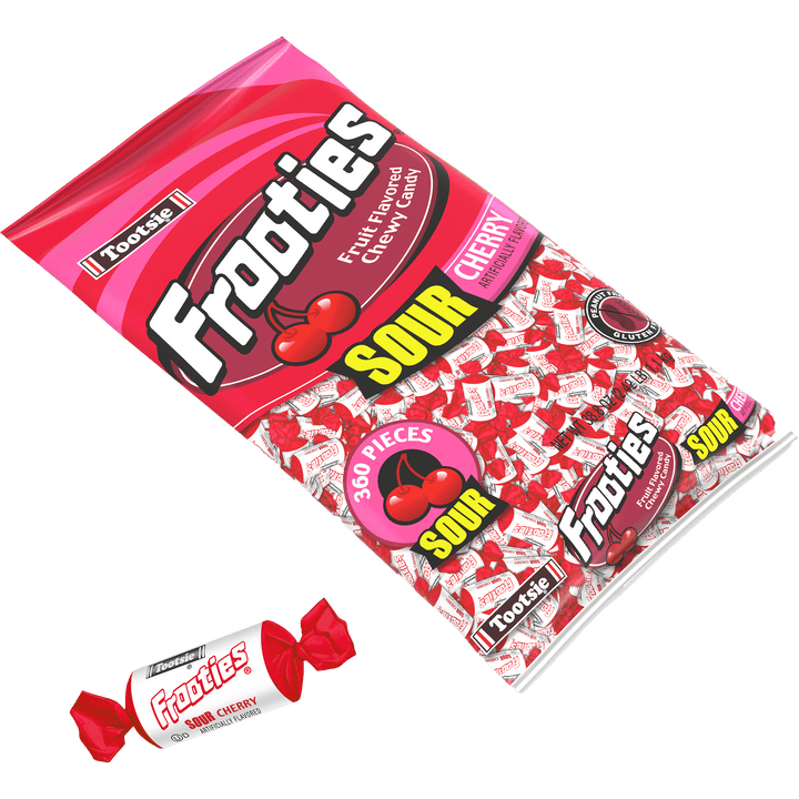 Frooties Sour Cherry Chewy Candy (38.8 oz. / 360 ct. Bag) with candy next to it