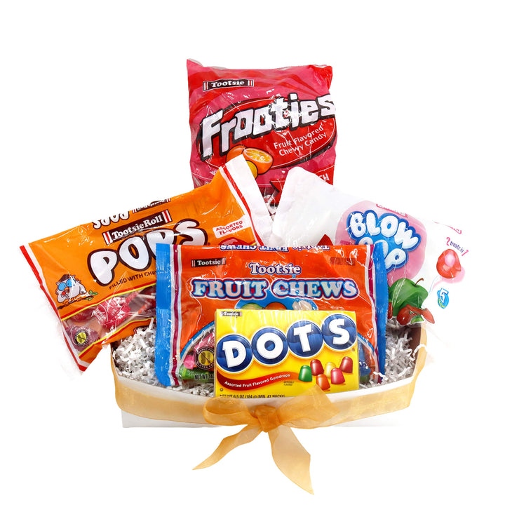 Assorted Tootsie candy bouquet including Frooties, Pops, Fruit Chews, and Dots on a white background.