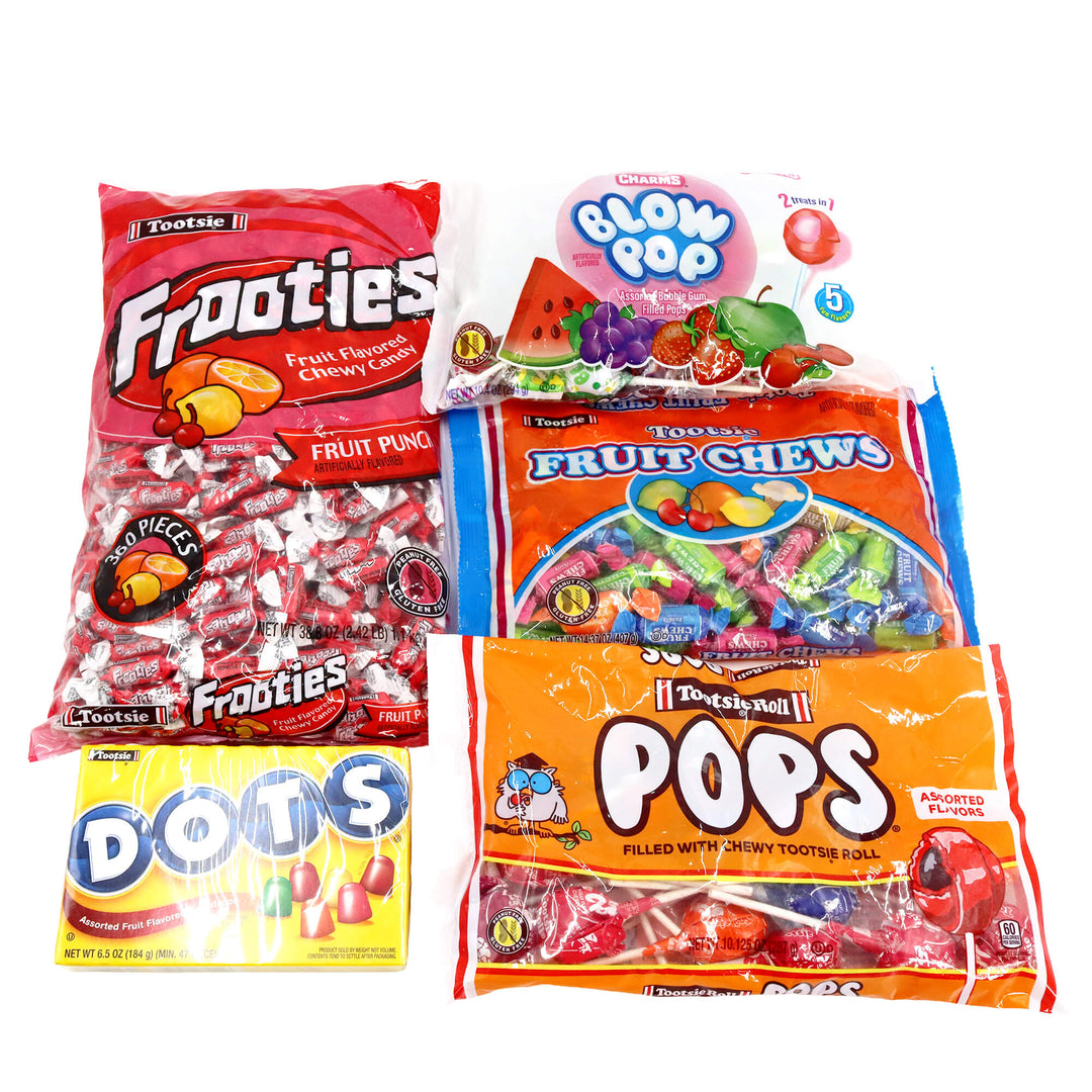 Assorted candy packages including Frooties, Fruit Chews, Dots, and Pops on a white background
