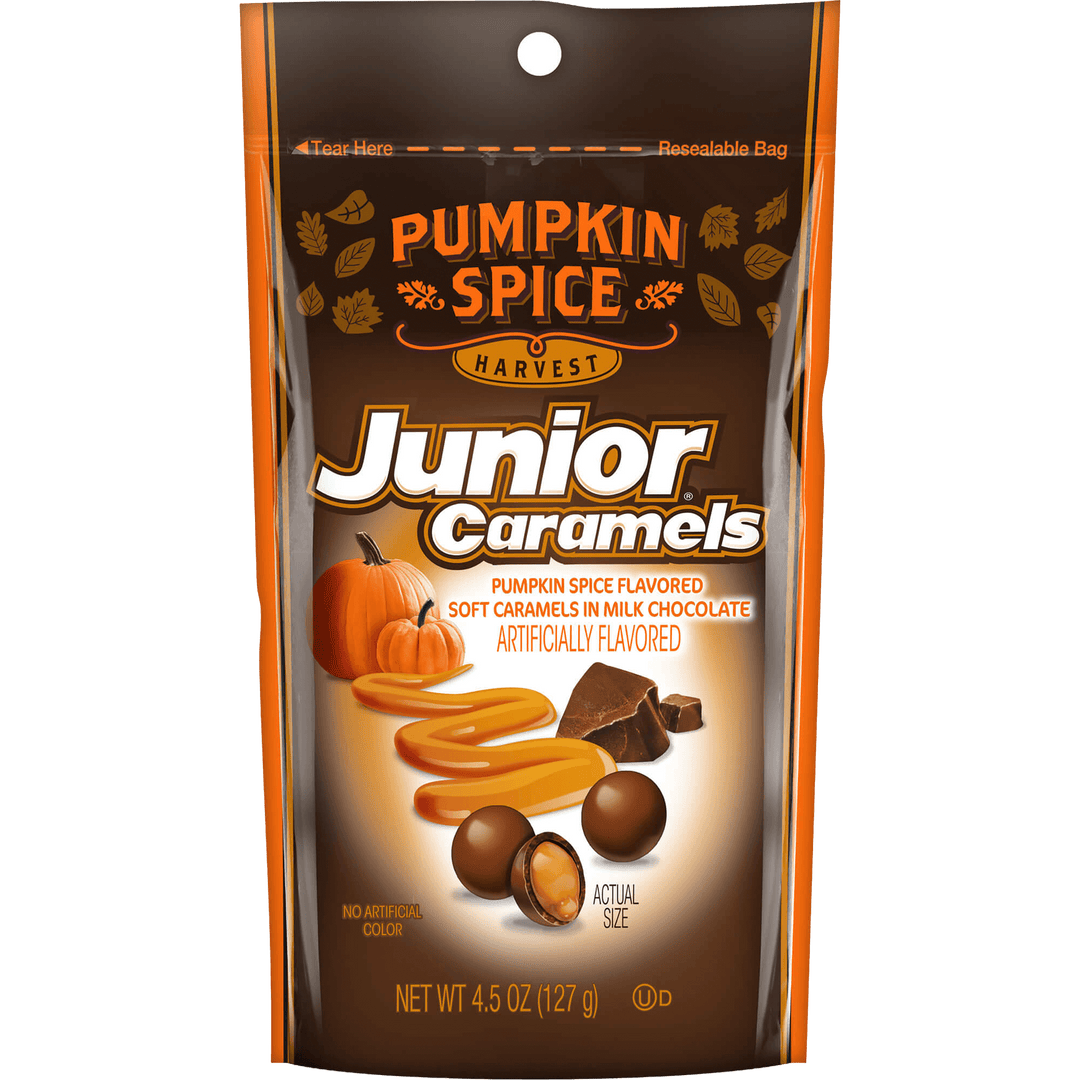 Pumpkin spice Junior Caramels packaging with pumpkins and chocolate 