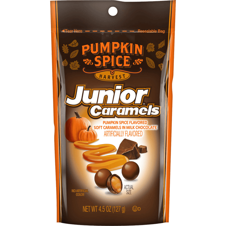 Pumpkin spice Junior Caramels packaging with pumpkins and chocolate 