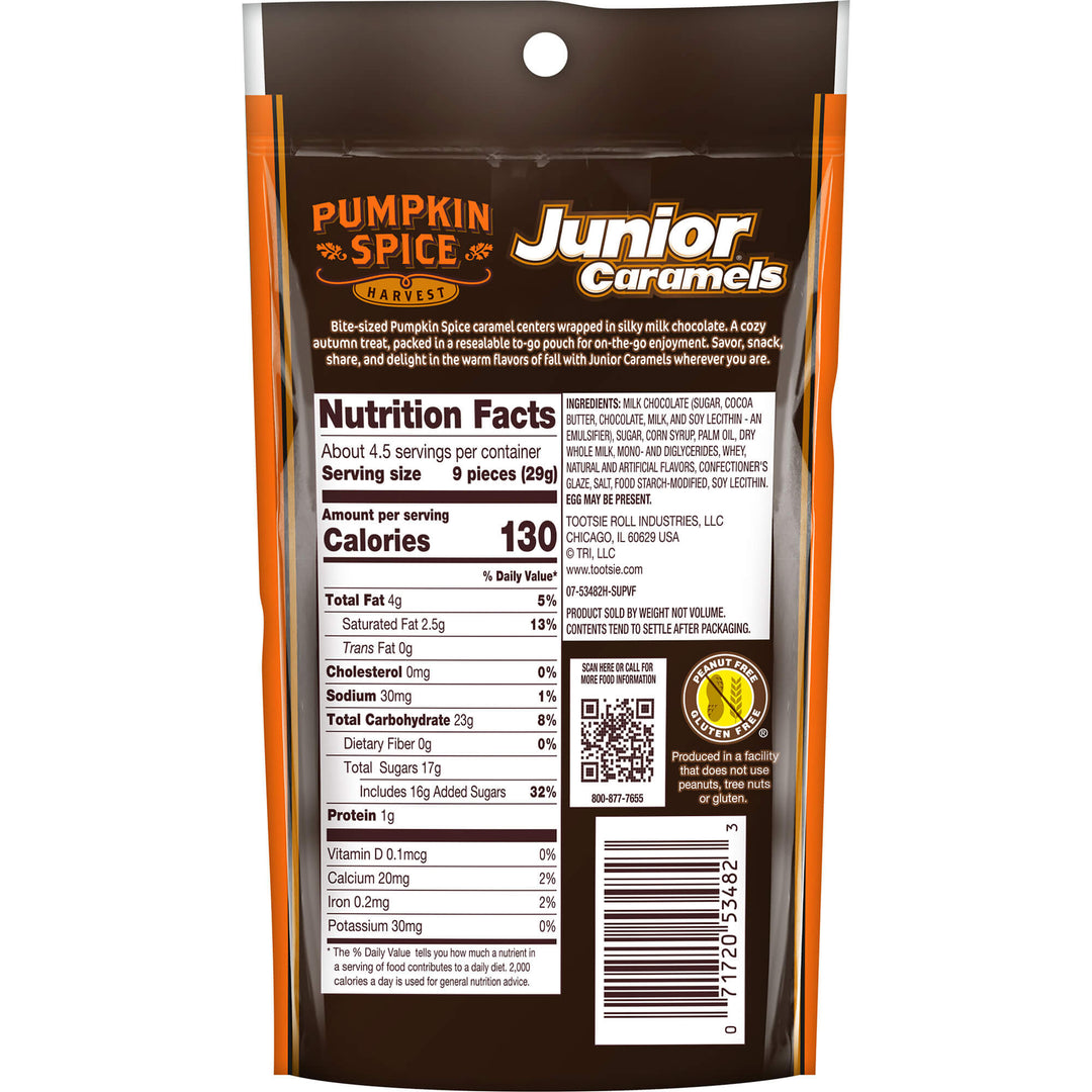 Pumpkin Spice Junior Caramels packaging with nutrition facts label