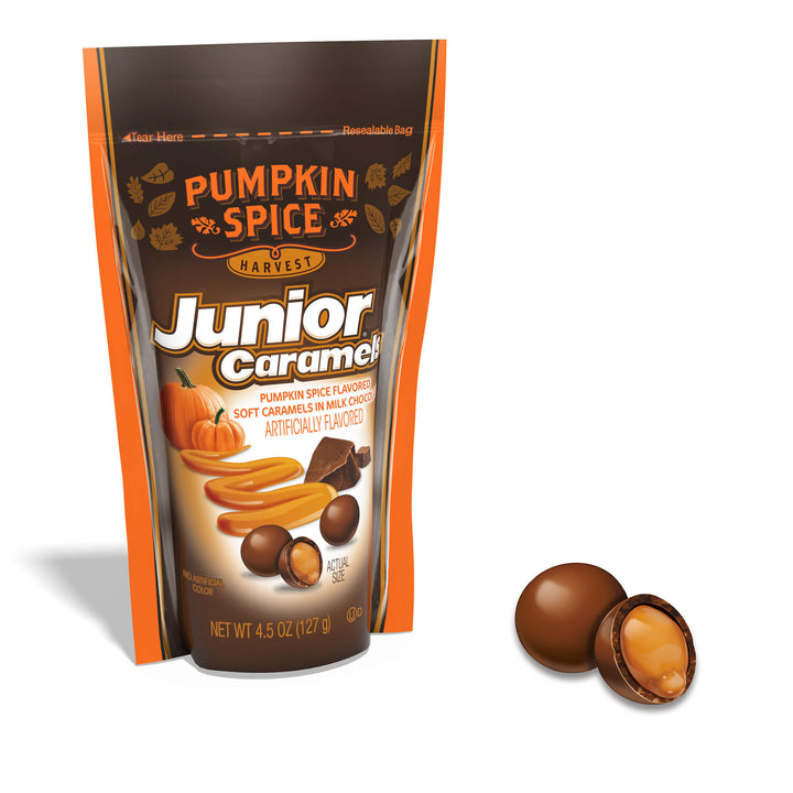 Pumpkin spice Junior Caramels packaging with two caramels on a white background