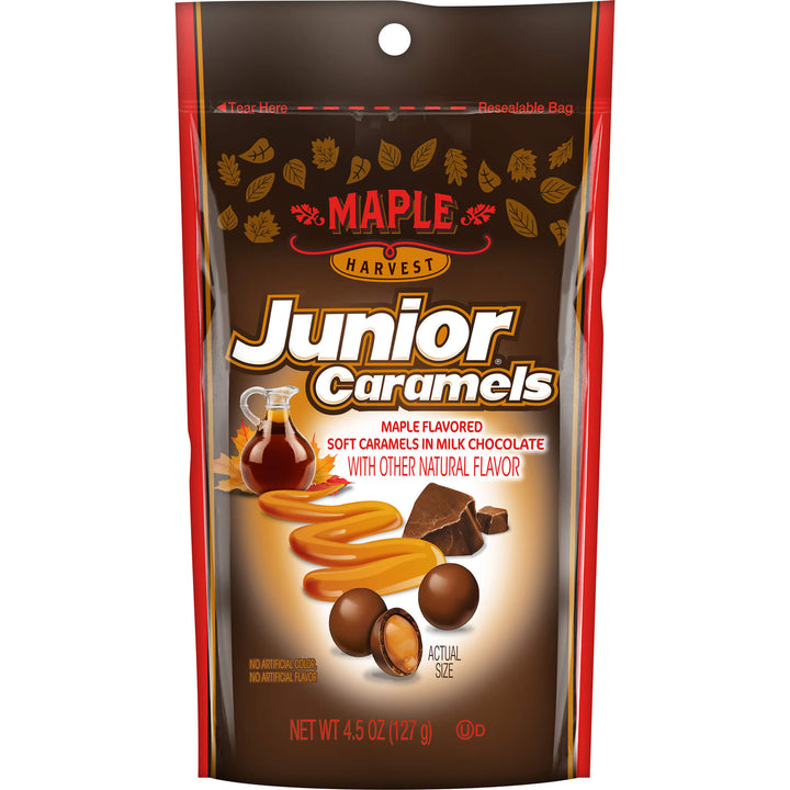 Package of Maple Harvest Junior Caramels on a white background
