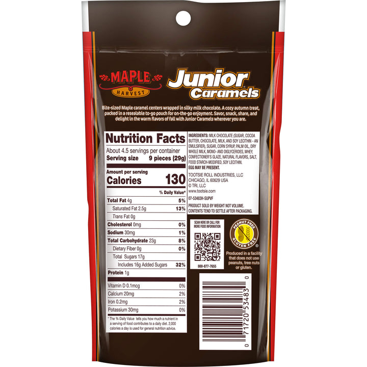 Maple Harvest Junior Caramels packaging with nutrition facts label on a white background