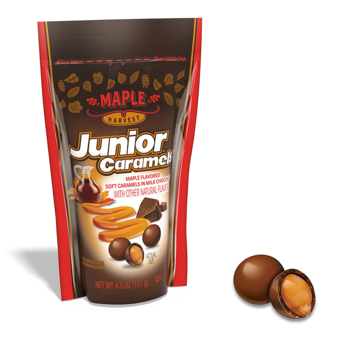 Bag of Maple Harvest Junior Caramels with two caramels on a white background