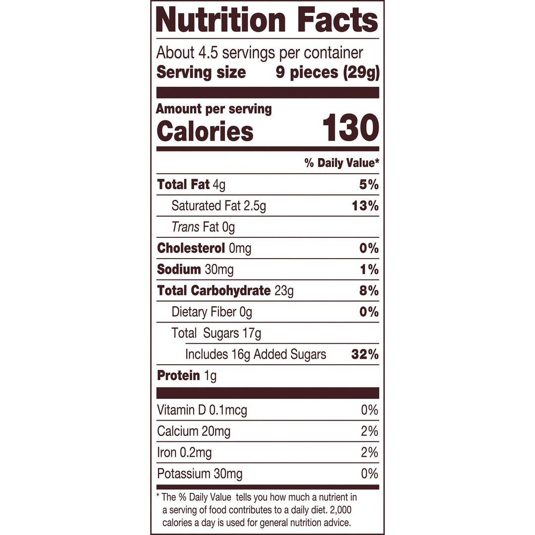 Nutrition facts label for a food product with serving size, calories, and nutritional content details.