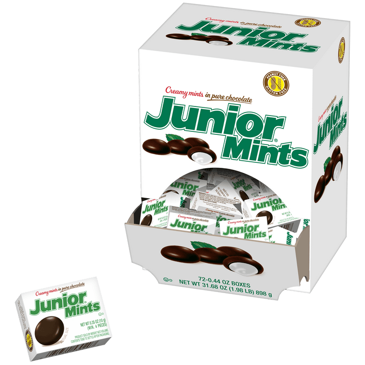 Junior Mints Fun Size (34.5 oz. / 72ct  Box) with candy next to it