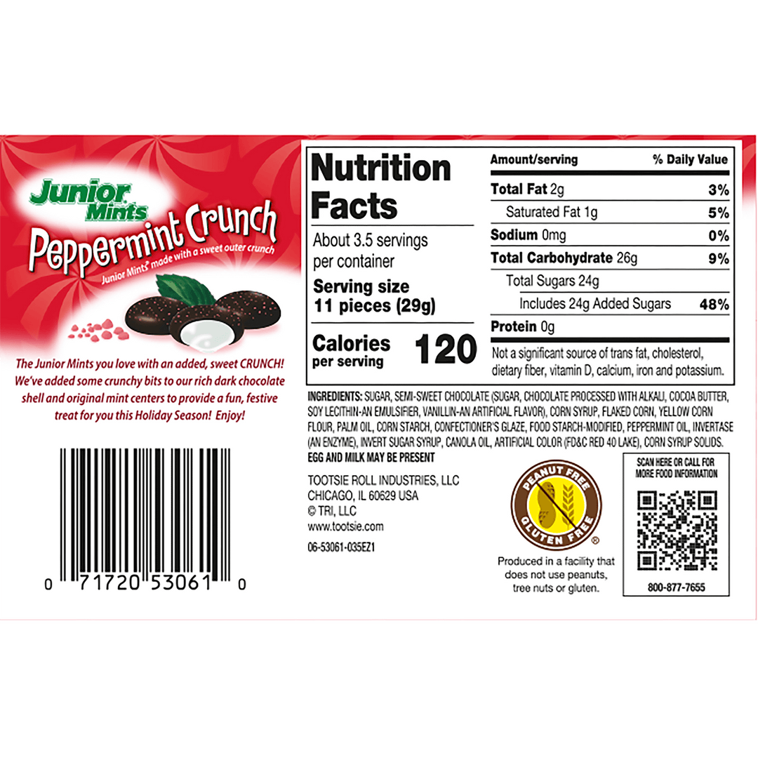 Junior Mints Peppermint Crunch (3.5 oz. Box) Nutrition Facts Panel