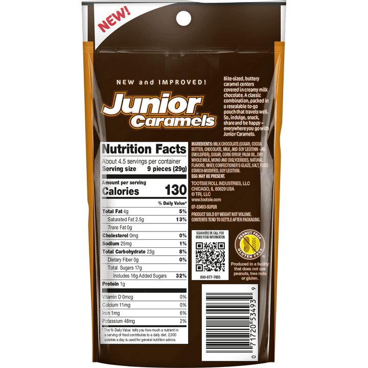 Junior Caramels Milk Chocolate (4.5 oz. Bag) Nutrition Facts Panel