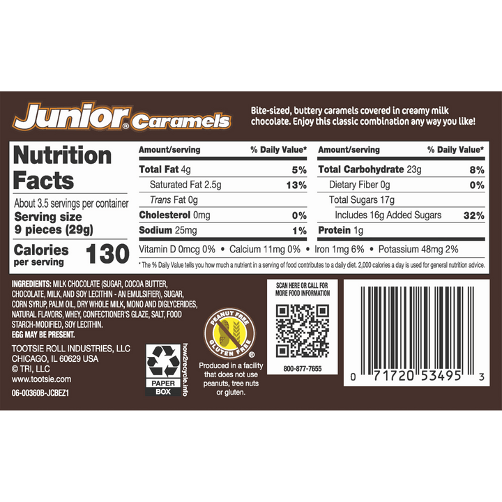 Junior Caramels Chocolate Candy  (3.5 oz. Box) Nutrition Facts Panel