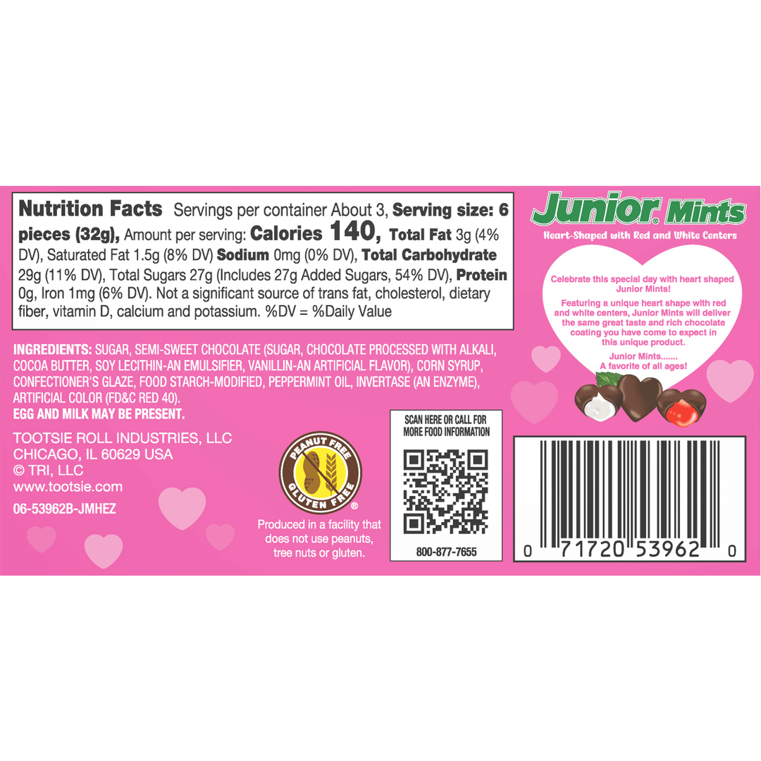 Junior Mints Valentine Hearts (3.5 oz. Box) Nutrition Facts Panel