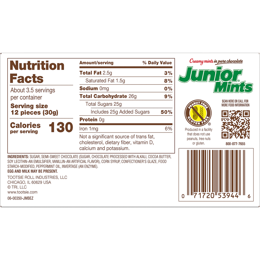 Junior Mints Theater Box (3.5 oz. Box) Nutrition Facts Panel