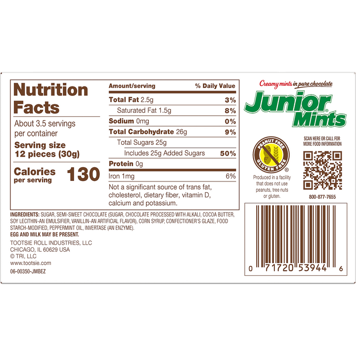 Junior Mints Theater Box (3.5 oz. Box) Nutrition Facts Panel