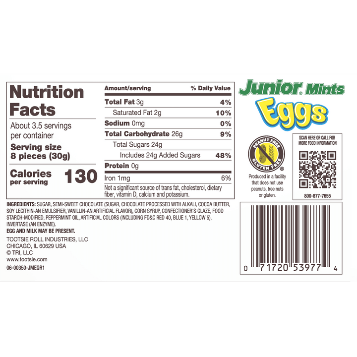 Junior Mints Easter Eggs (3.5 oz. Box) Nutrition Facts Panel