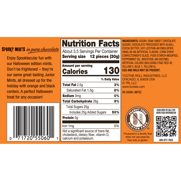 Junior Mints Halloween (3.5 oz. Box) Nutritional Fact Panel