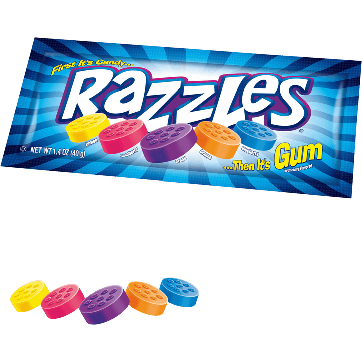 Razzles Assorted Original Pouch (33.86 oz. / 24 ct. Box) with candies next to it