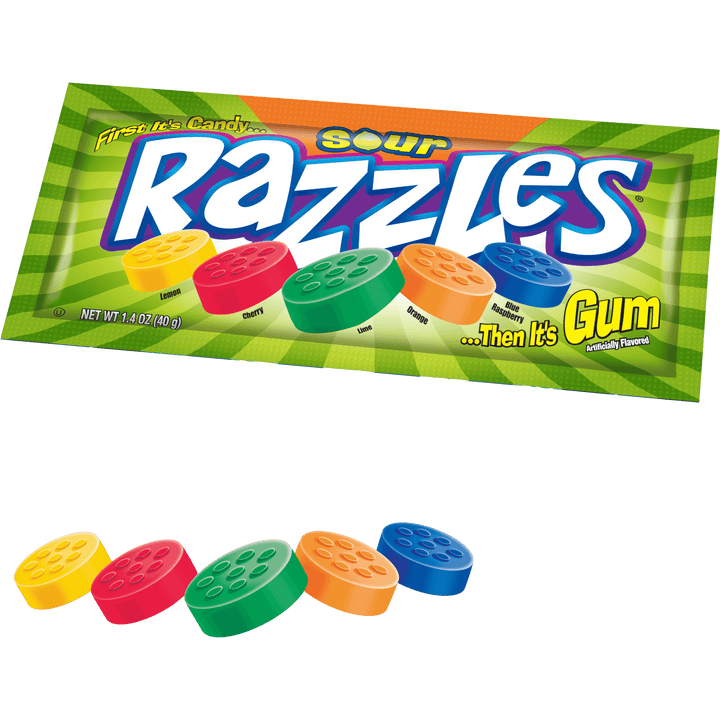 Razzles Sour Pouch Gum (1.4 oz. Pouch) with candies next to it