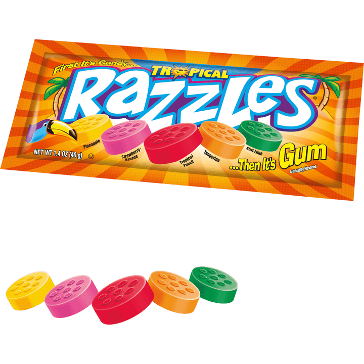 Razzles Assorted Tropical (1.4 oz. Pouch) with candies in front