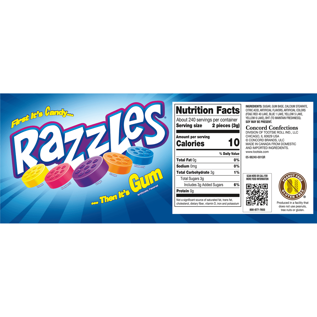 Razzles 2-Piece Fun Size Packs (25.6 oz. / 240 ct. Bag) Nutrition Facts Panel