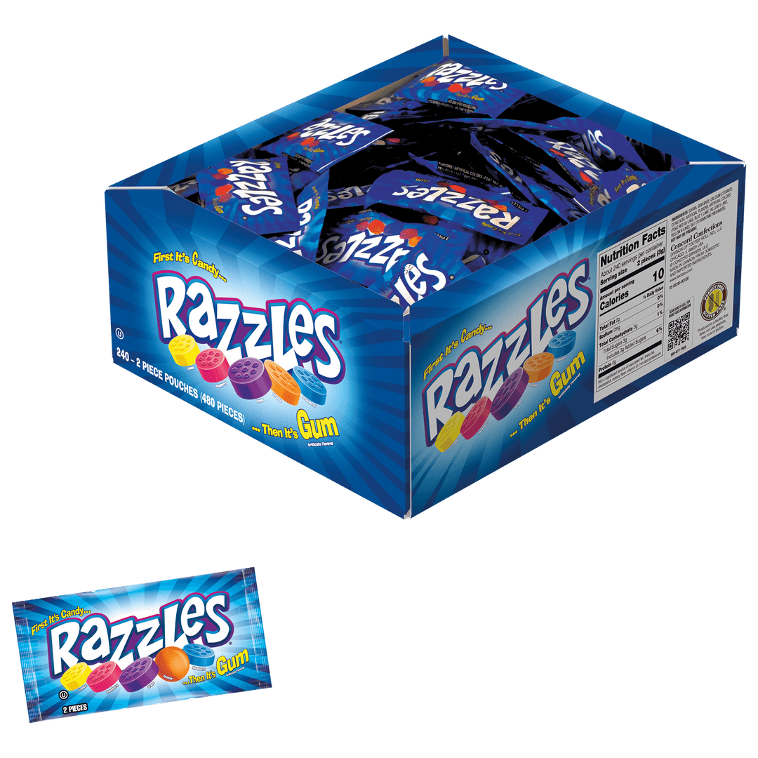 Razzles 2-Piece Fun Size Packs (25.6 oz. / 240 ct. Bag) with candies in front of it