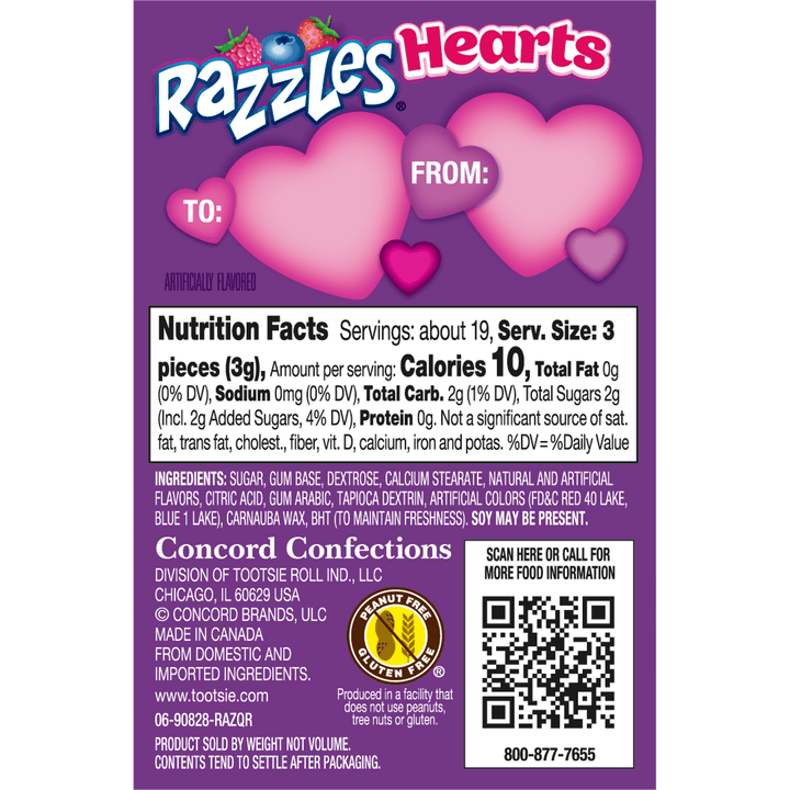 Razzles Valentine Hearts Assorted Flavors (2 oz. Box) Nutrition Facts Panel