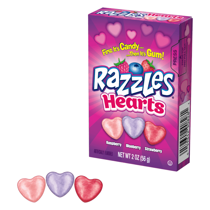 Razzles Valentine Hearts Assorted Flavors (2 oz. Box) with candies next to it