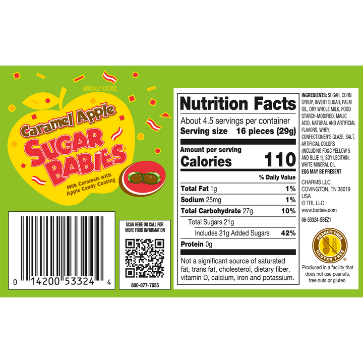 Caramel Apple Sugar Babies Milk Caramels with Apple Candy Coating (4.75 oz. Box) Nutrition Facts Panel