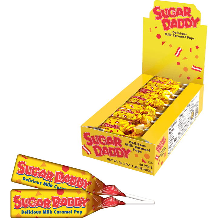 Sugar Daddy Milk Caramel Pops - Fun Size (21.6 oz. / 48 ct. Box) with lollipops next to it