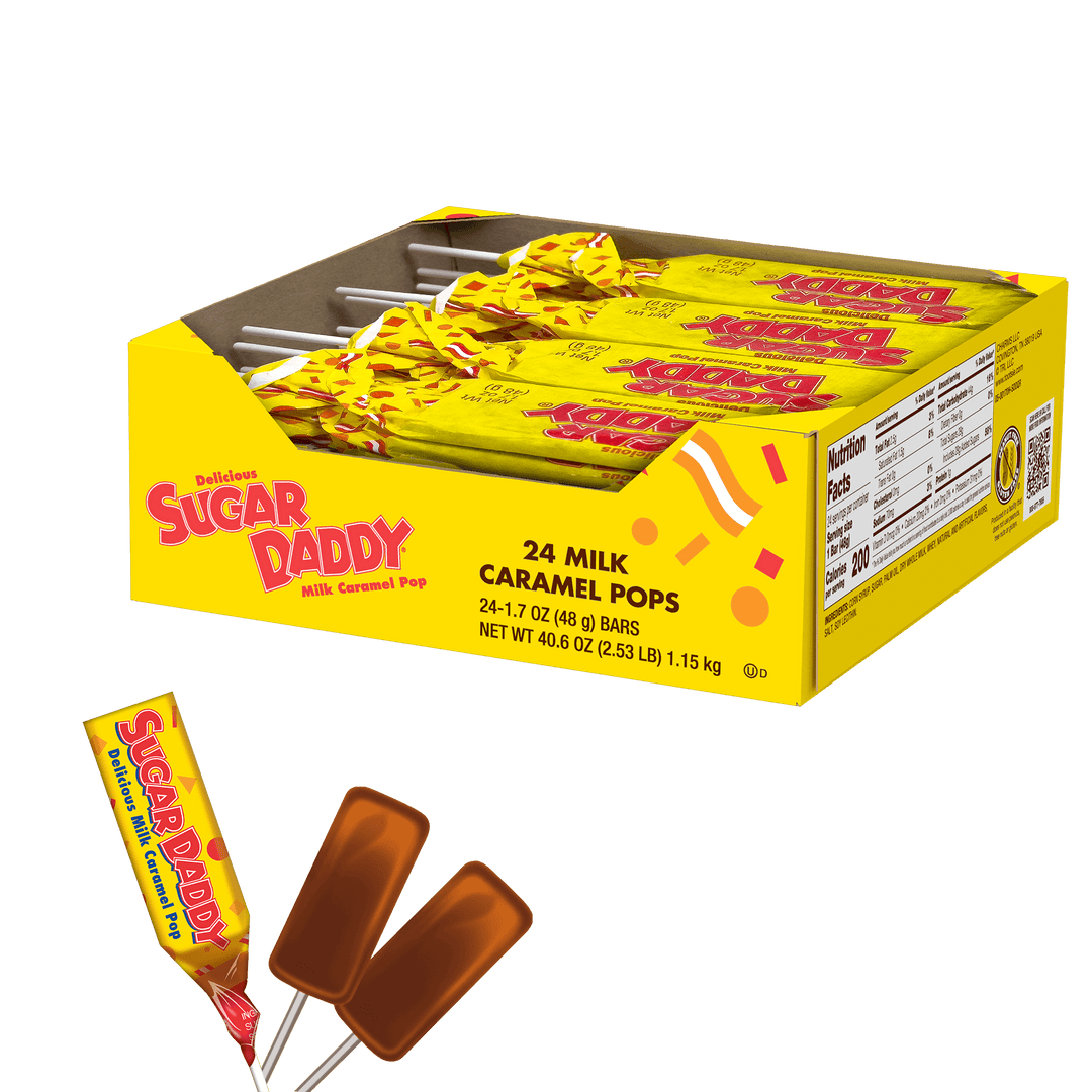 Sugar Daddy Milk Caramel Pops (40.8 oz. / 24 ct. Box) with lollipops next to it