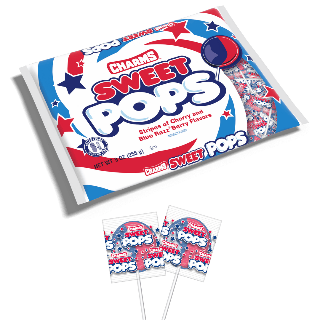 Charms Sweet Pops USA Flag Bag (9 oz. Bag)with lollipops next to it