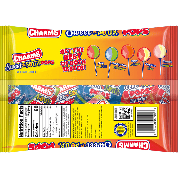 Charms Assorted Sweet 'N Sour Pops (9 oz. Bag) Nutrition Facts Panel