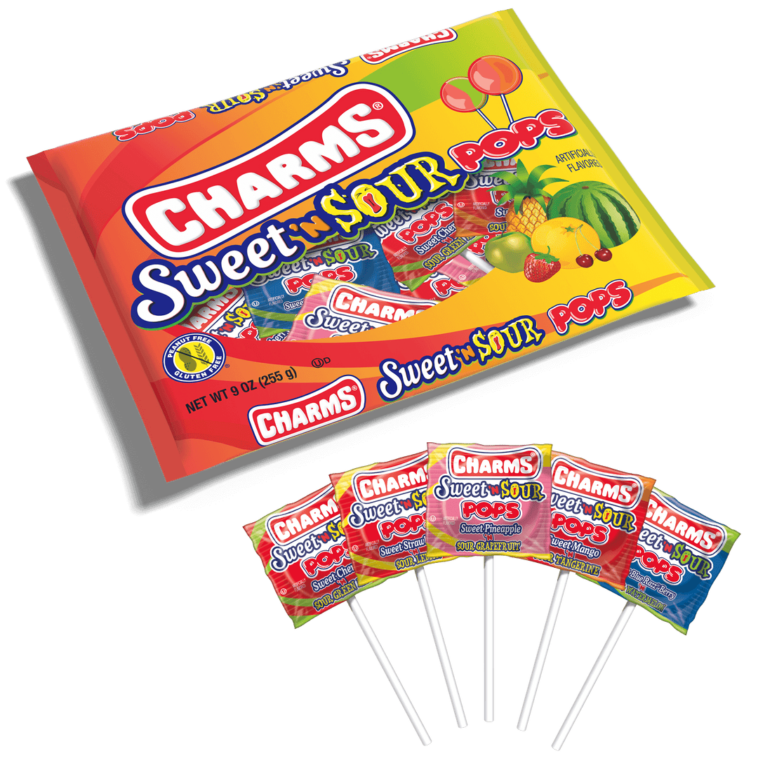 Charms Assorted Sweet 'N Sour Pops (9 oz. Bag) with lollipops in front of it