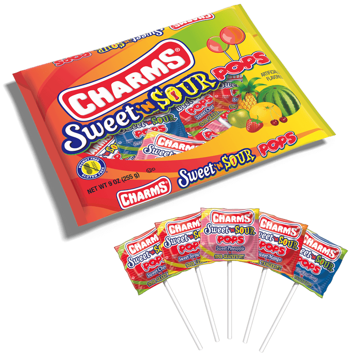 Charms Assorted Sweet 'N Sour Pops (9 oz. Bag) with lollipops in front of it