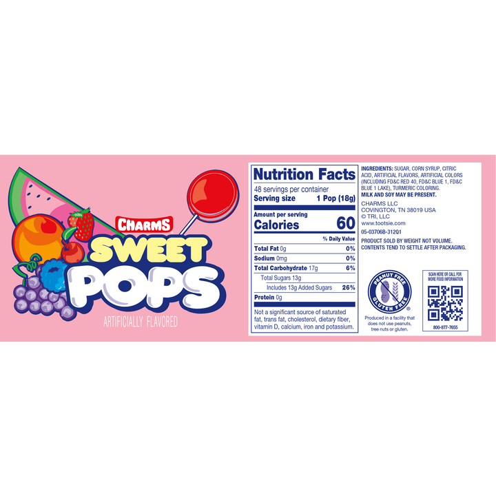 Charms Assorted Sweet Pops (48 ct. Box) Nutrition Facts Panel