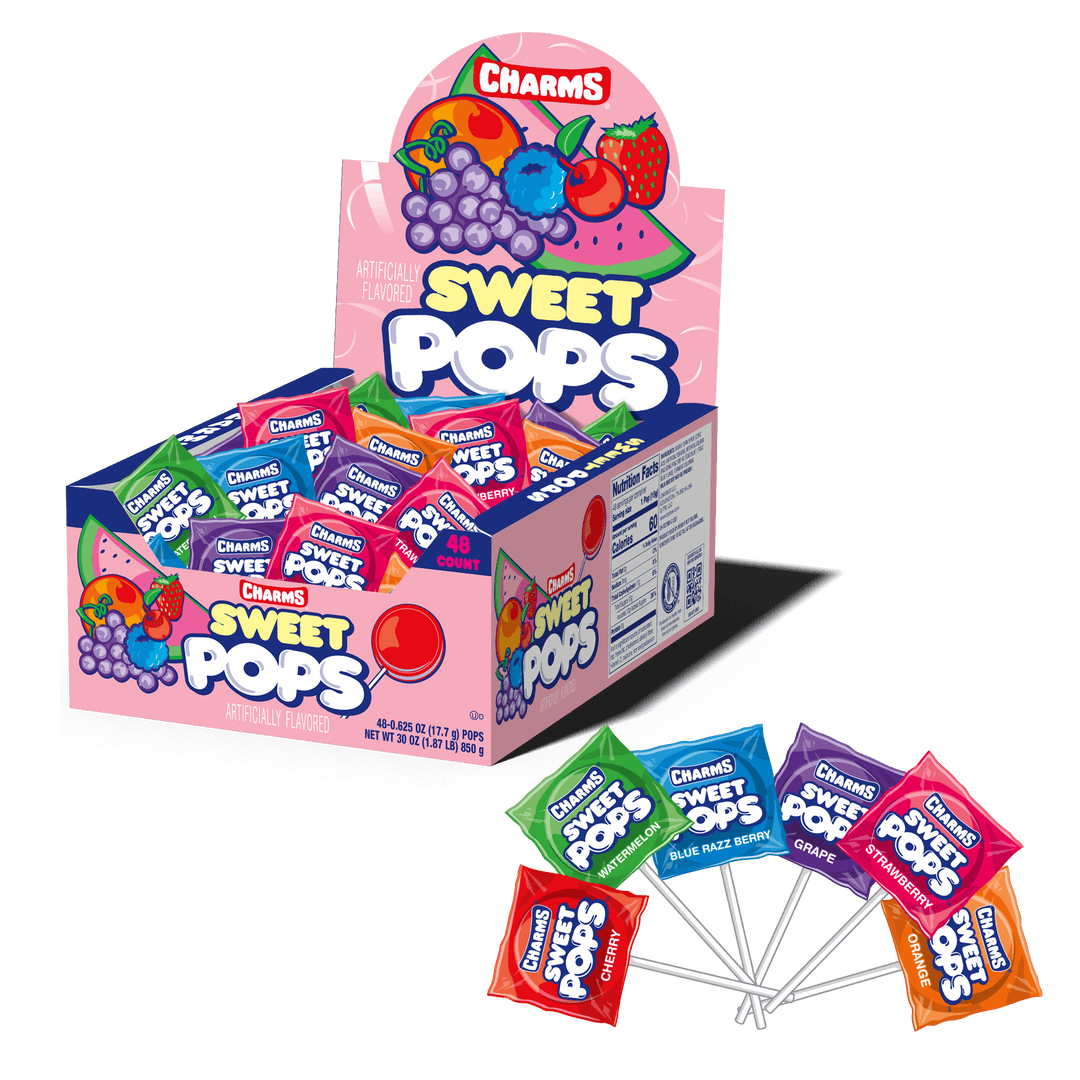 Charms Assorted Sweet Pops (48 ct. Box) with lollipops next to it