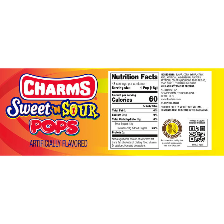 Charms Sweet 'N Sour Pops (48 ct. Box) Nutrition Facts Panel