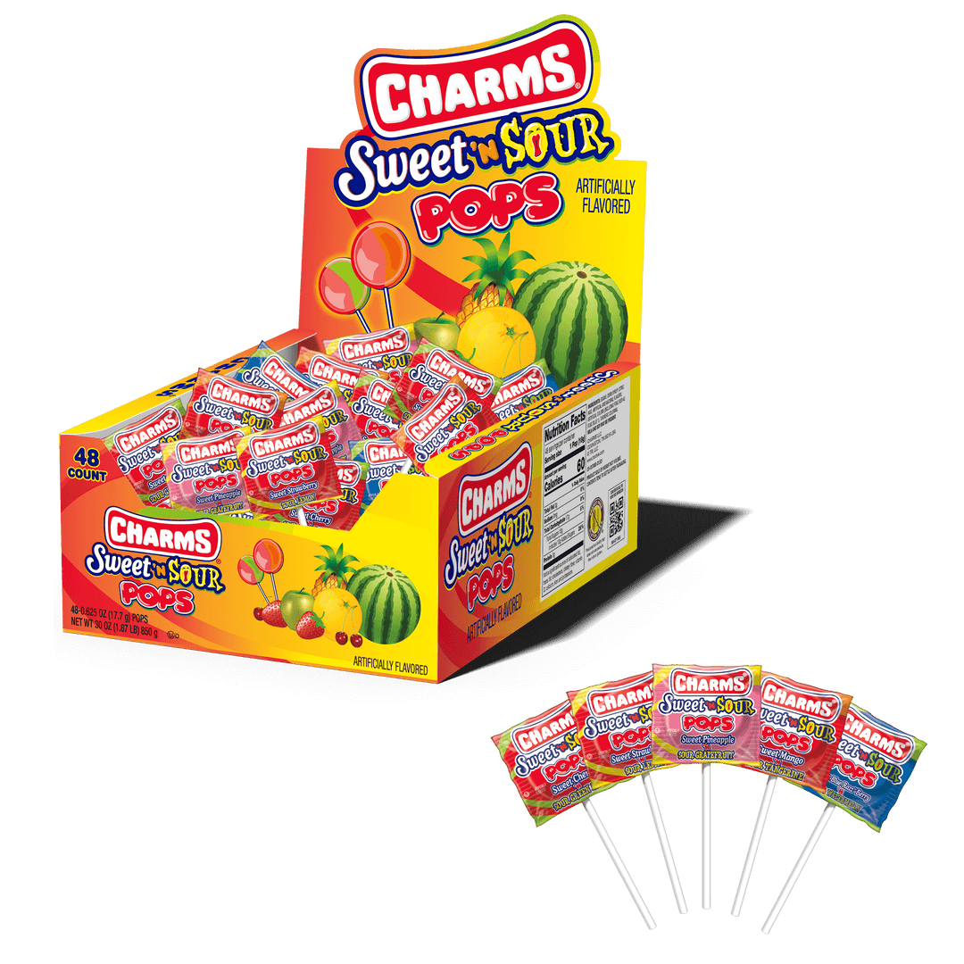 Charms Sweet 'N Sour Pops (48 ct. Box) with lollipops in front of it