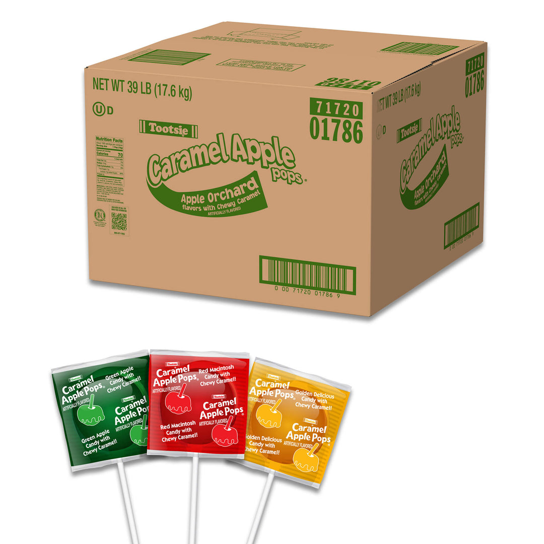 Cardboard box of Tootsie Caramel Apple Orchard pops with individual packaging samples.