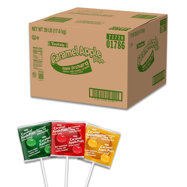 Cardboard box of Tootsie Caramel Apple Orchard pops with individual packaging samples.