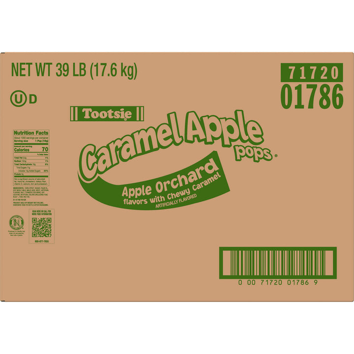 Cardboard box of Tootsie Caramel Apple Pops with branding and product details.