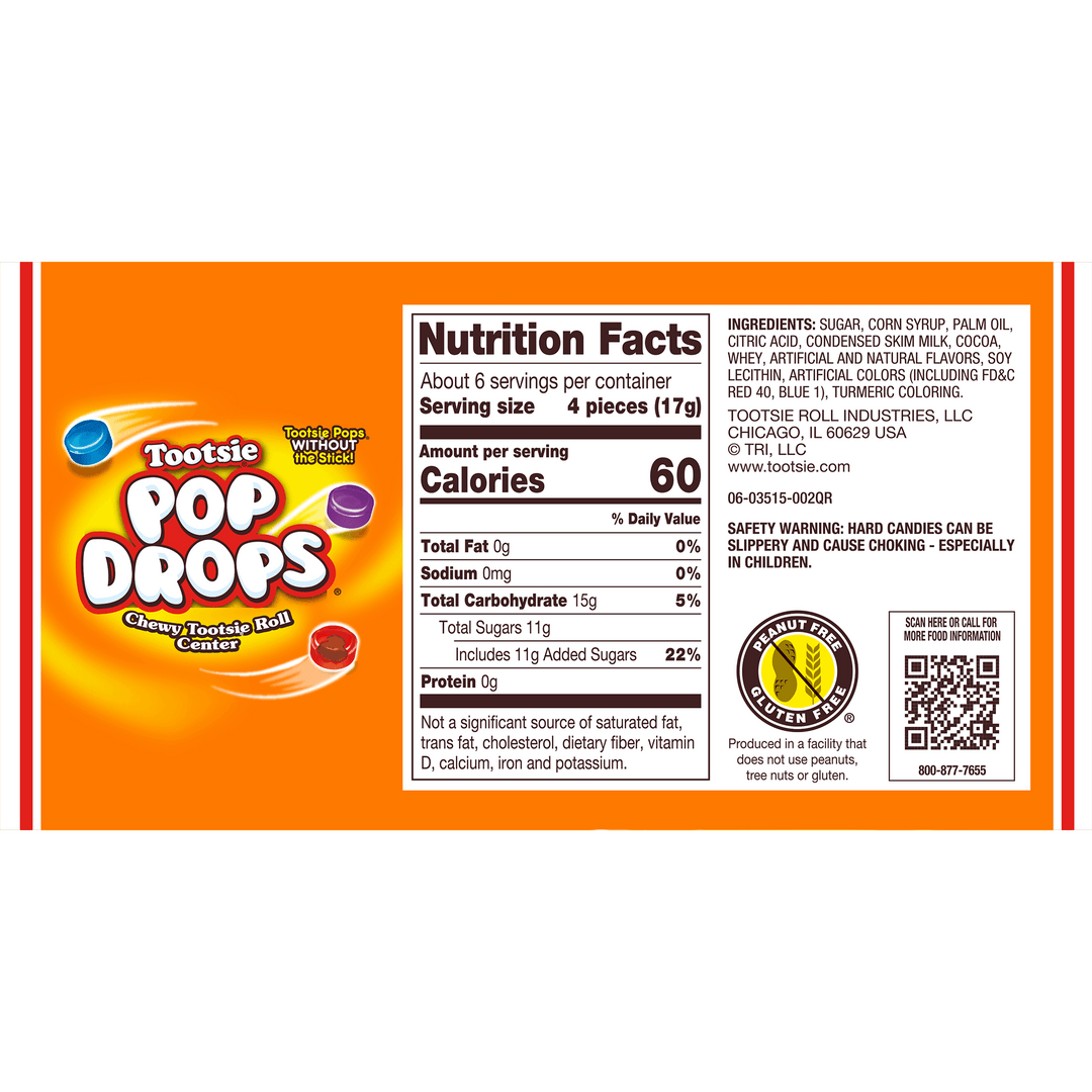 Tootsie Pop Assorted Drops (3.5 oz. Box) Nutrition Facts Panel