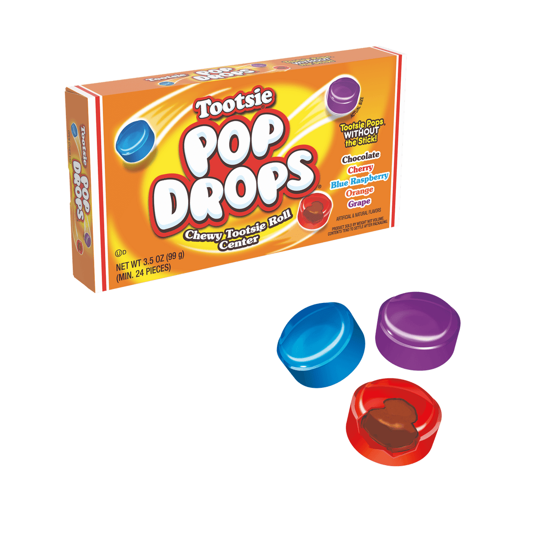 Tootsie Pop Assorted Drops (3.5 oz. Box) with candies next to it