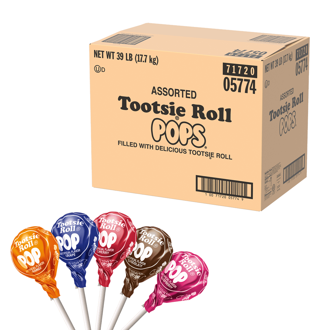 Tootsie Pops Assorted Bulk Box (39 lb. Box) with lollipops next to it