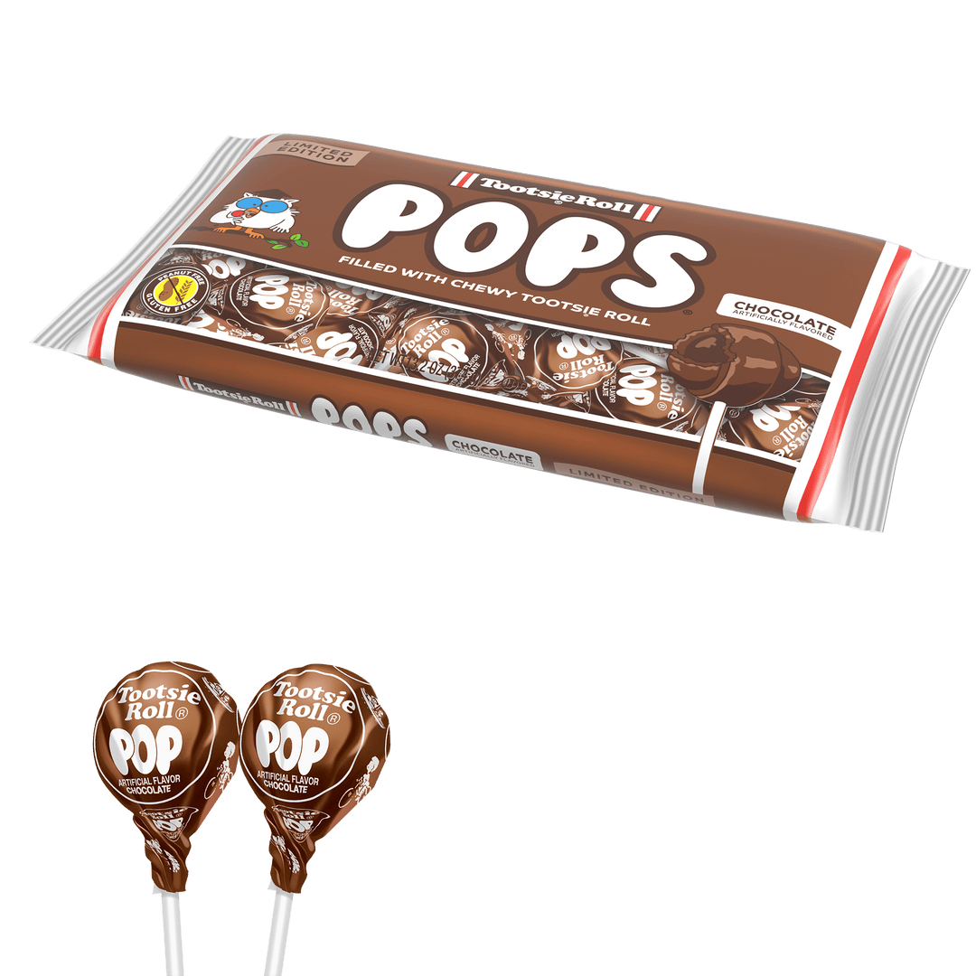 Tootsie Pops Chocolate Flavor (13.2 oz. / 22 ct. Bag) with lollipops next to it