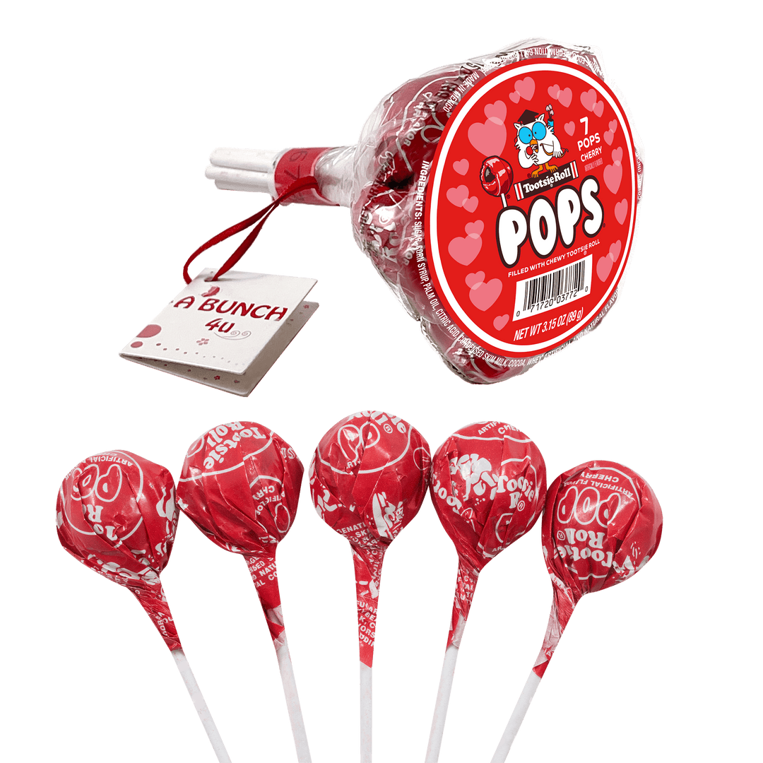 Tootsie Valentine Bunch Pops with Cards (7 ct. Bunch) with lollipops next to it