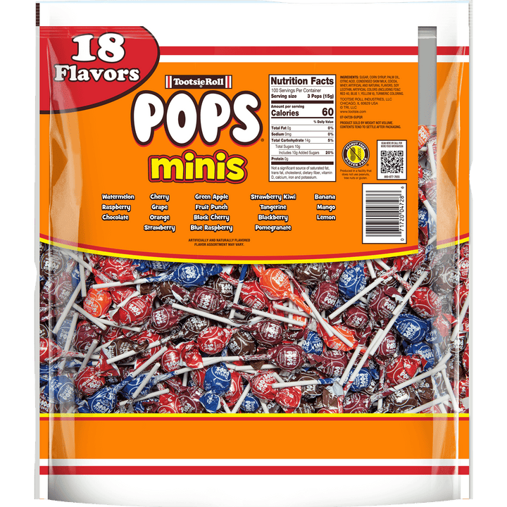 Tootsie Roll Pops Minis Assorted Flavors (54 oz. / 300 ct. Bag) Nutrition Facts Panel