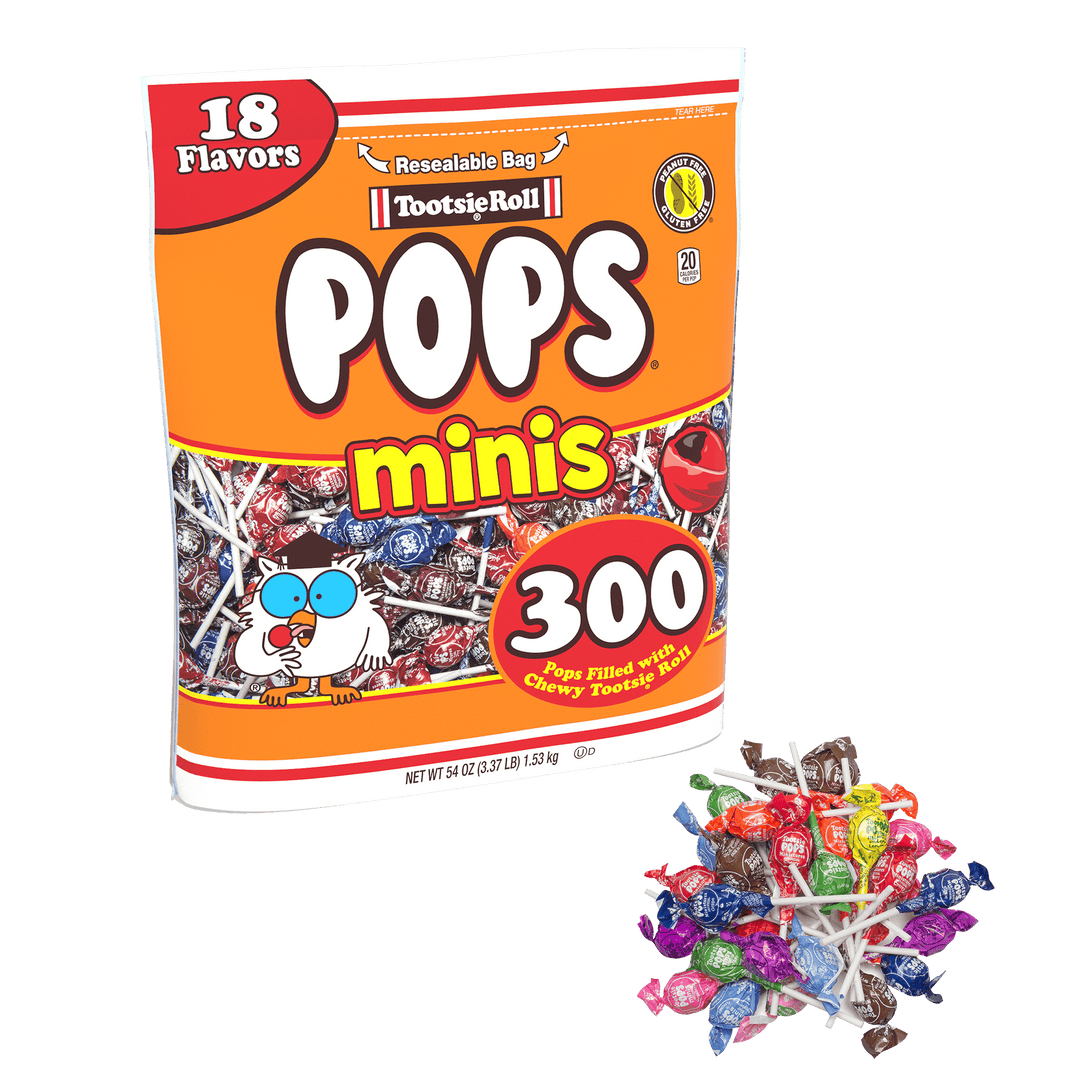 Tootsie Roll Pops Minis Assorted Flavors (54 oz. / 300 ct. Bag) with lollipops next to it